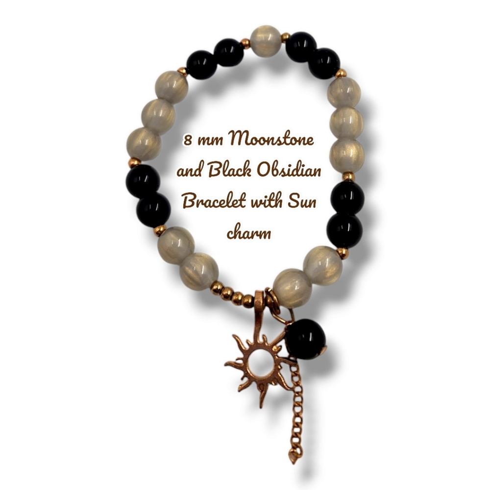 8 mm Moonstone and Black Obsidian bracelet